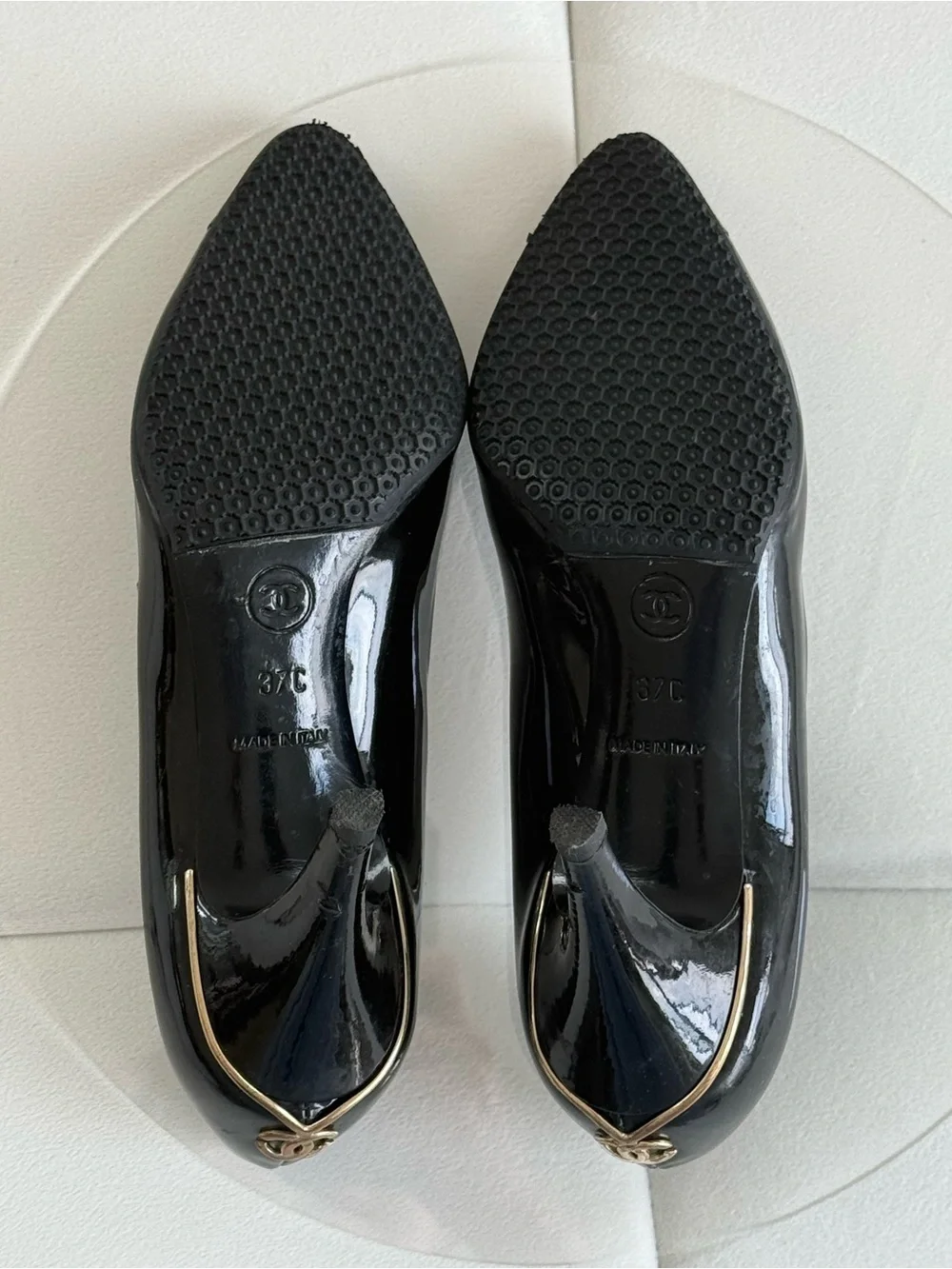 CHANEL Black Patent Leather Classic Gold Accent CC Pump Heels